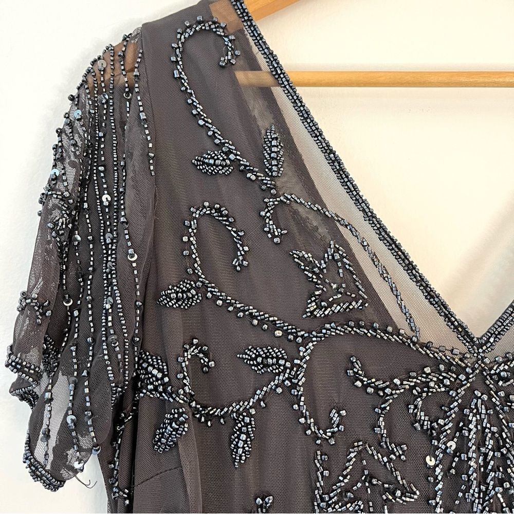 Pisarro Nights Beaded Long Short Sleeve Gown, Size 14, Charcoal Gray, NWT - Picture 6 of 11